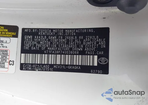 2004 Toyota Camry Solara Sle z USA, uszkodzony, nr VIN 4T1FA38P74U038068